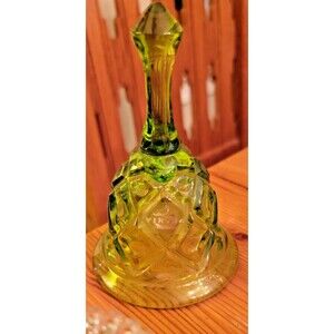 VTG Viking Art Glass Lime Green Bell w Clapper Diamond Thumbprint 1960s 5 5/8" H